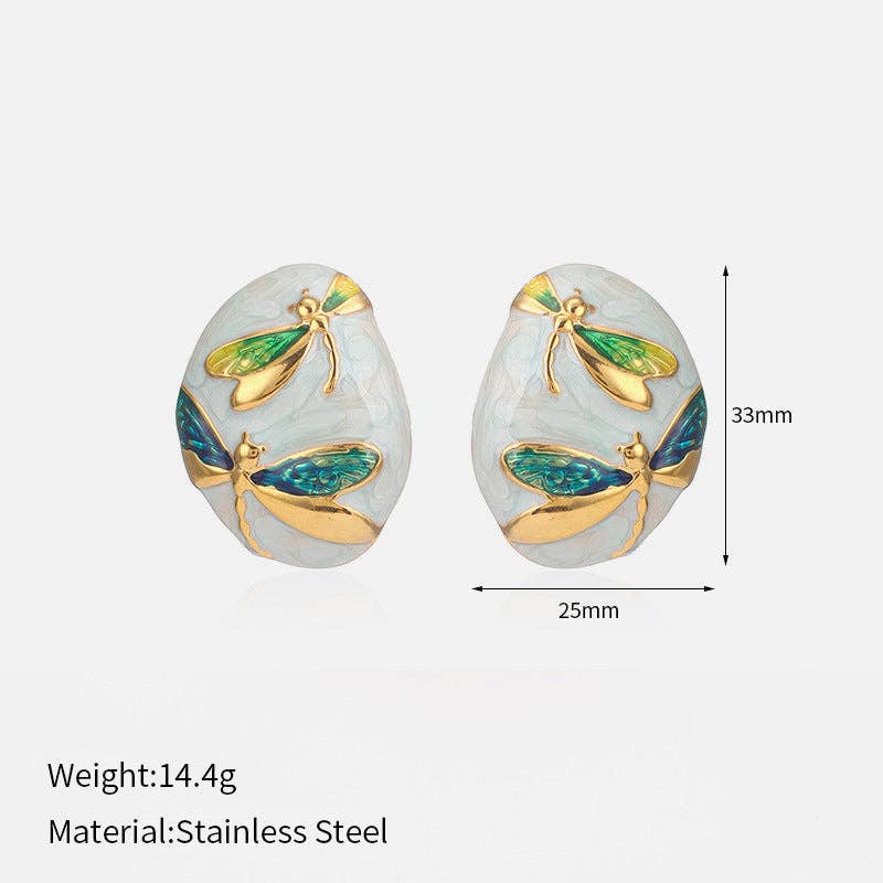 Oval Dragonfly Earrings Steel Asymmetric Drip Enamel S5P093
