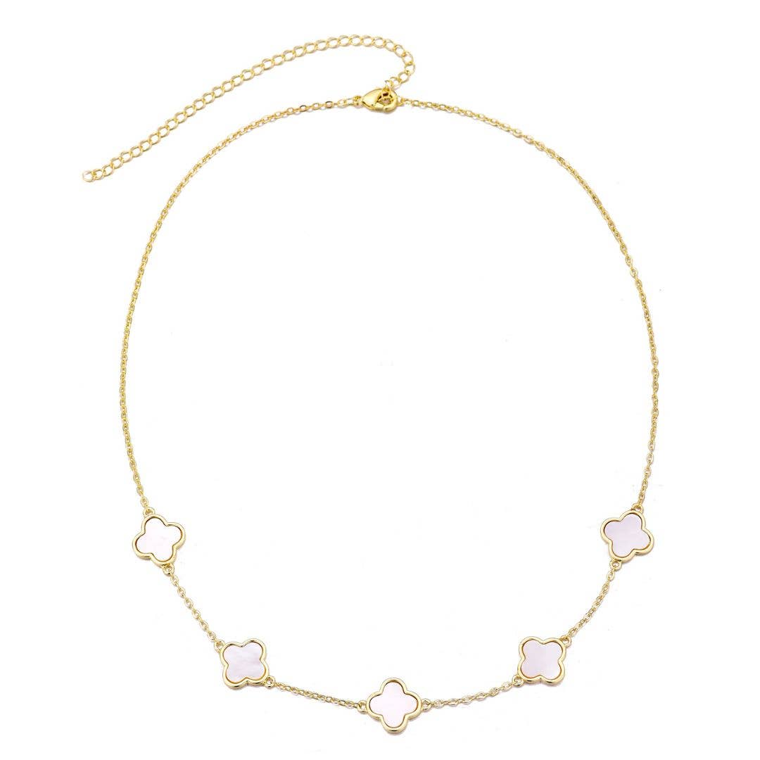 Gold Plated Mother of Pearl Clover Station Necklace