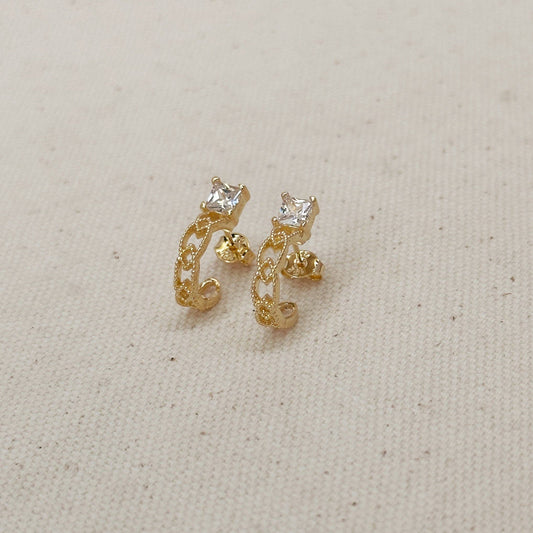 GoldFi 18k Gold Filled Vintage Princess Cut CZ Detailed C-Hoop Earrings