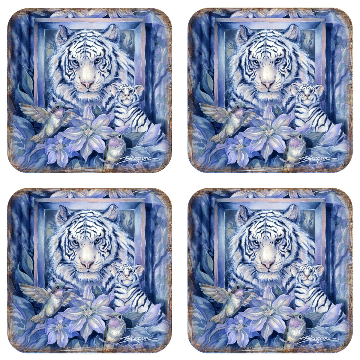 Tiger in the Garden Wooden Cork Coasters Gift Set of 4 by J. Bergsma - Wildlife Decor  - 8199461C-S4