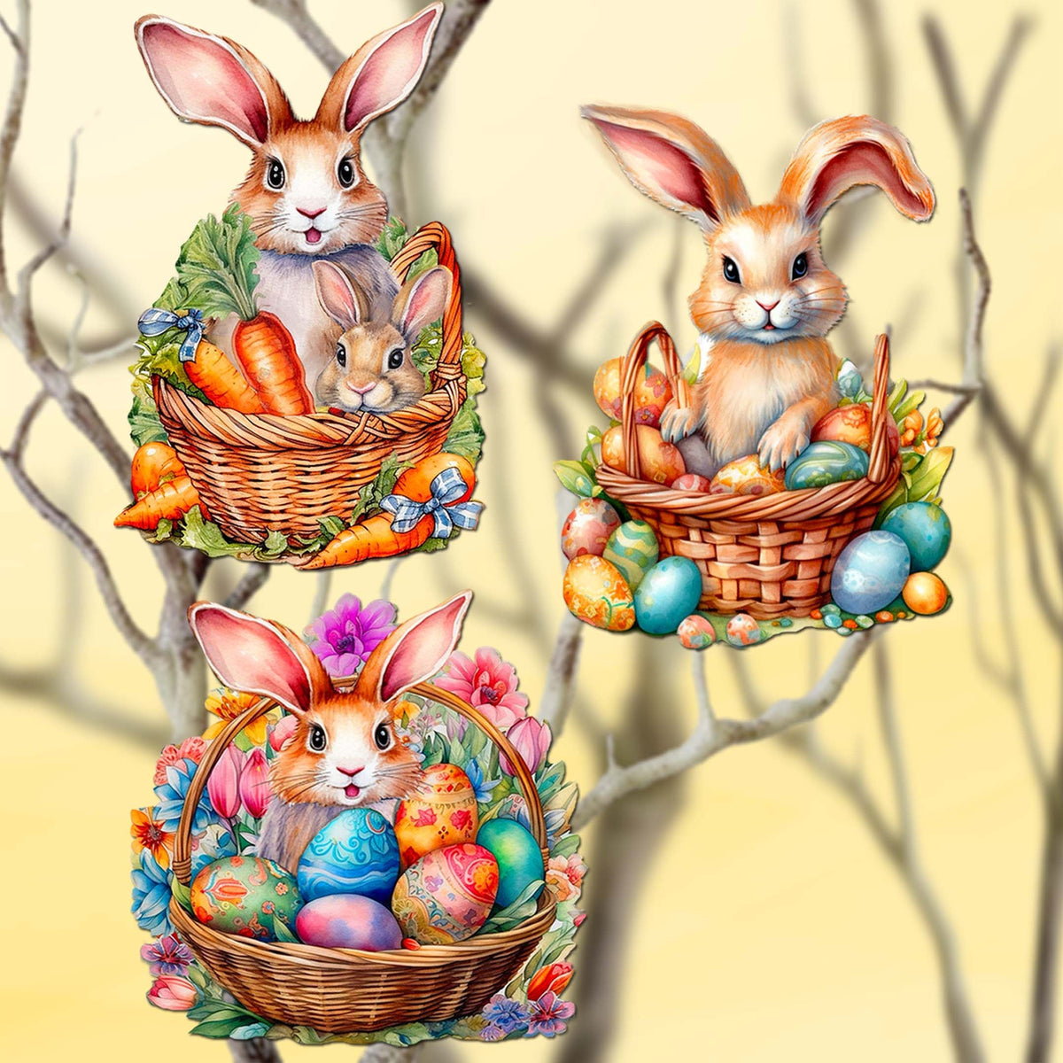 Eggs and Bunnies Clip-On Eco Wood Decorative Ornaments Set of 3 by G. Debrekht - Easter Decor - 8091057C-S3