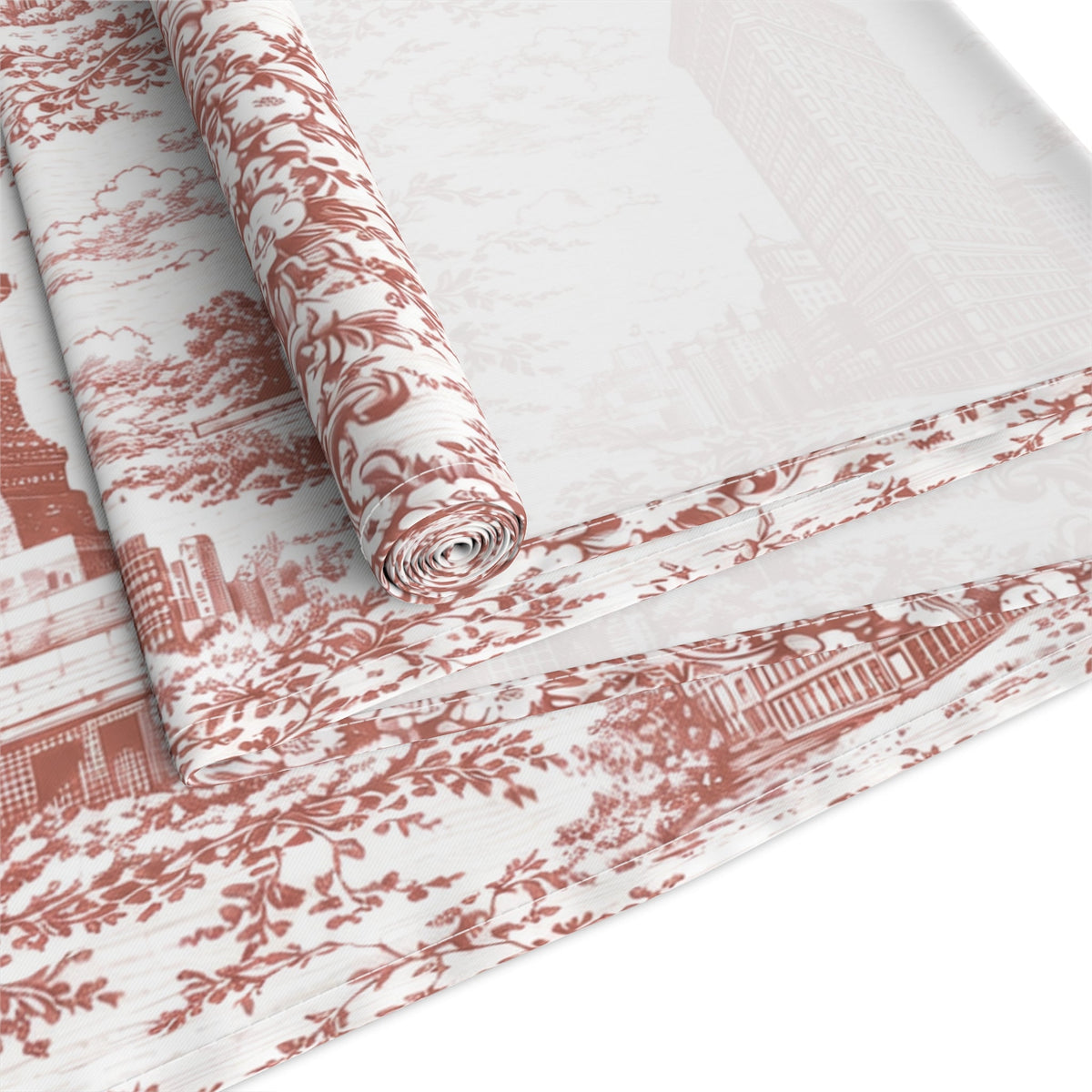 Red Toile de Jouy New York City Cityscape Table Runner — Scenic NYC Chinoiserie Skyline Dining Table Decor