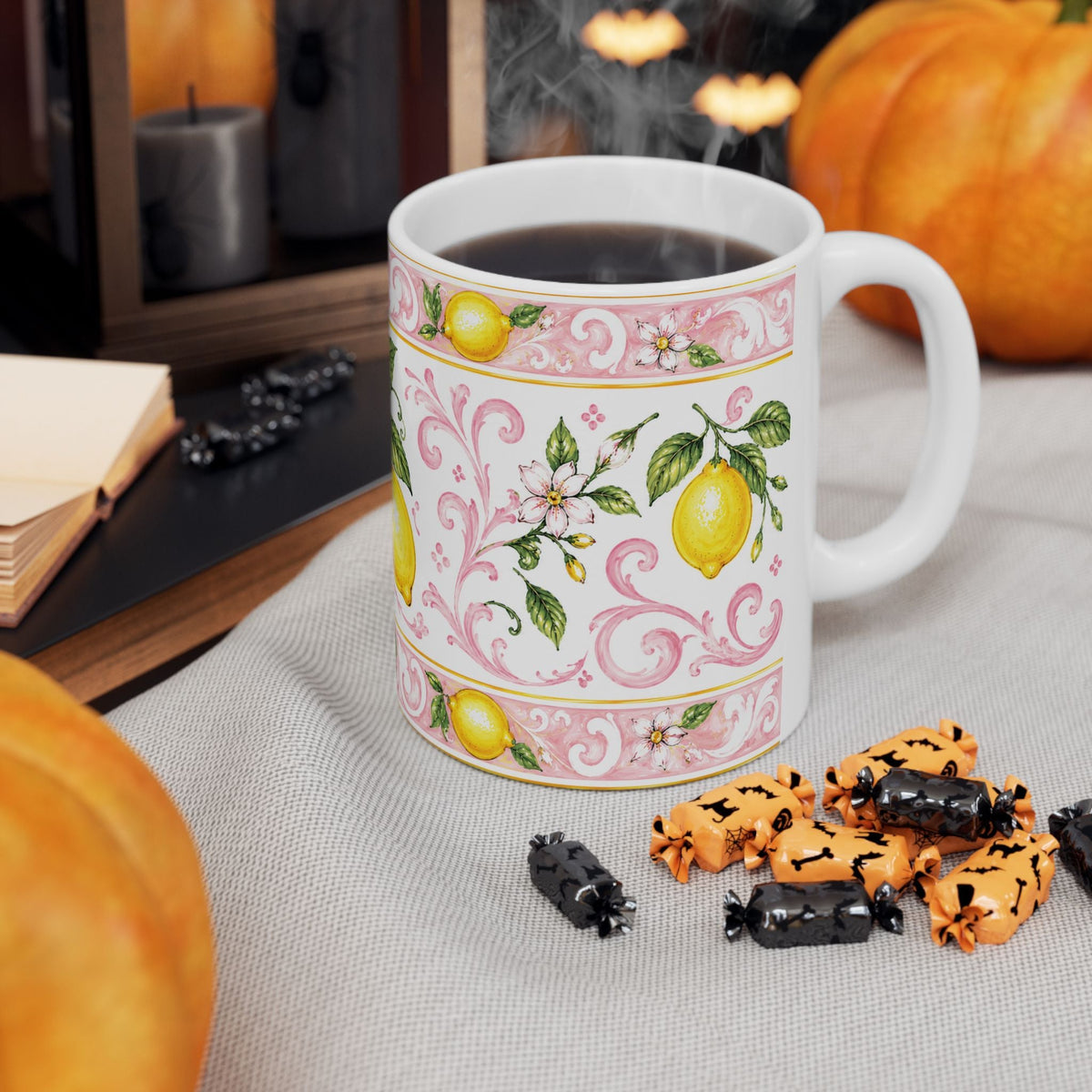Little Italy Amalfi Pink with Lemon Mug — Italian Mediterranean Pattern Coffee Cup (11oz)