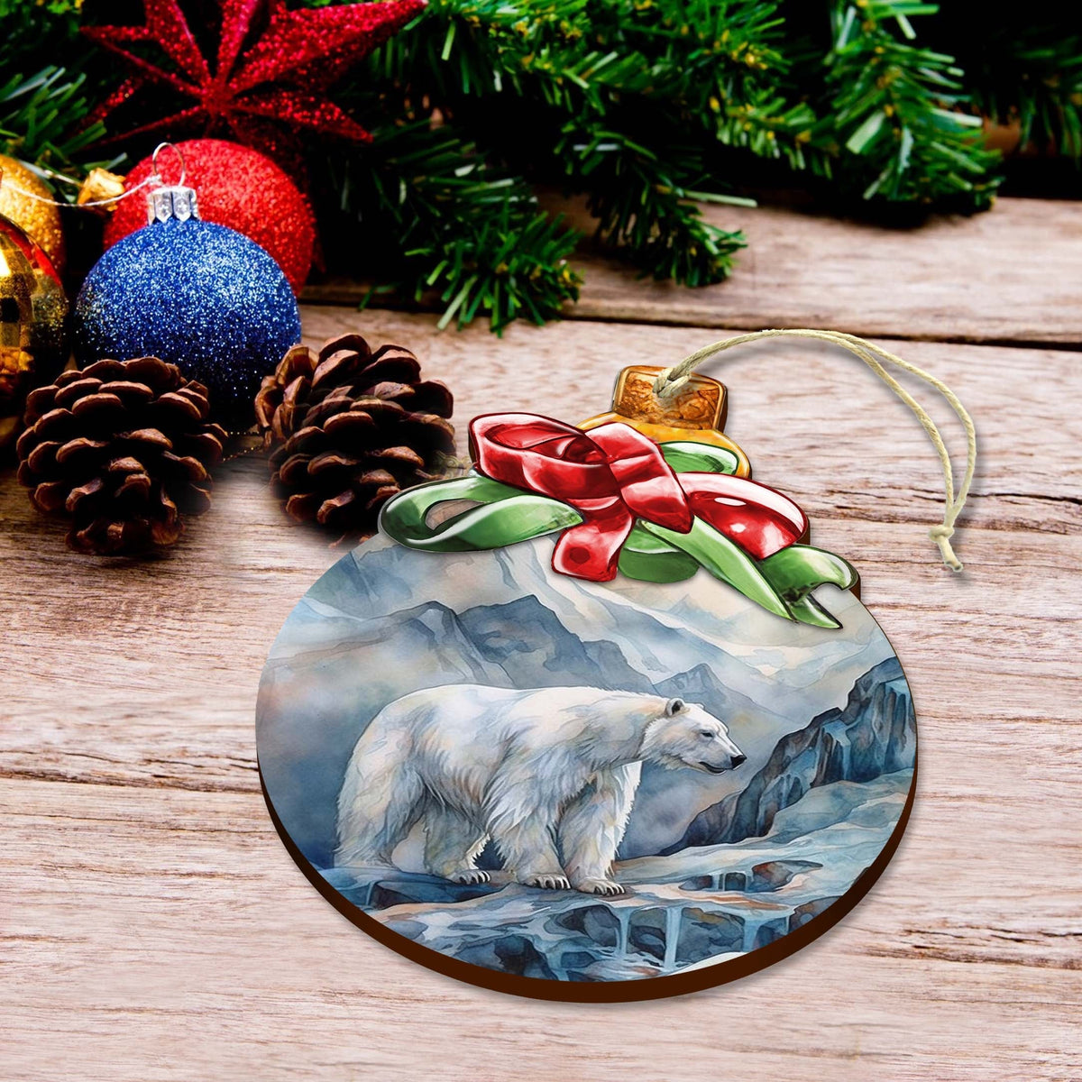 Arctic Frost Peak Polar Bear Wooden Ornaments by G.Debrekht - Wildlife Holiday Decor - 870020