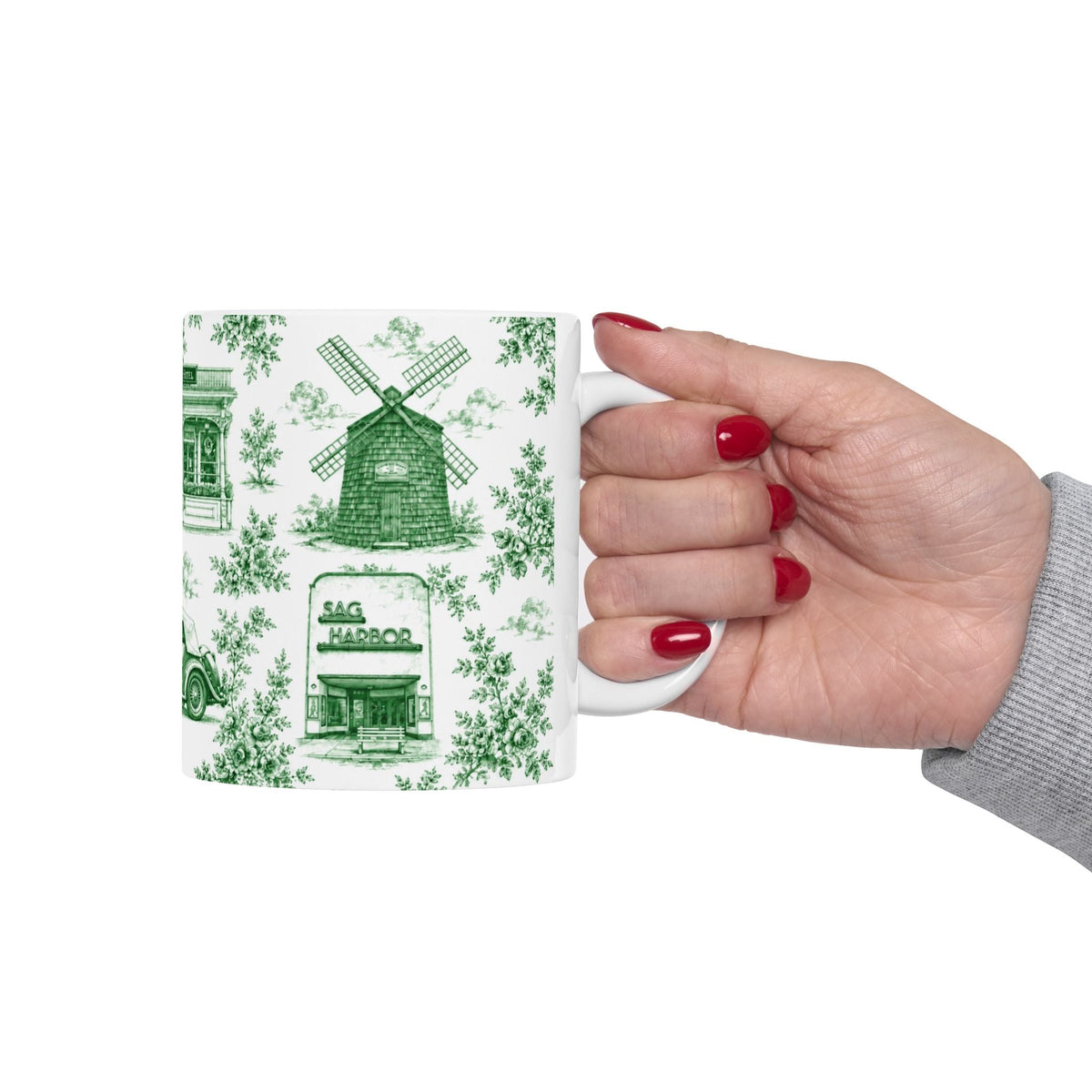 Sag Harbor Green Toile de Jouy Mug | Hamptons Chinoiserie Ceramic Coffee Cup