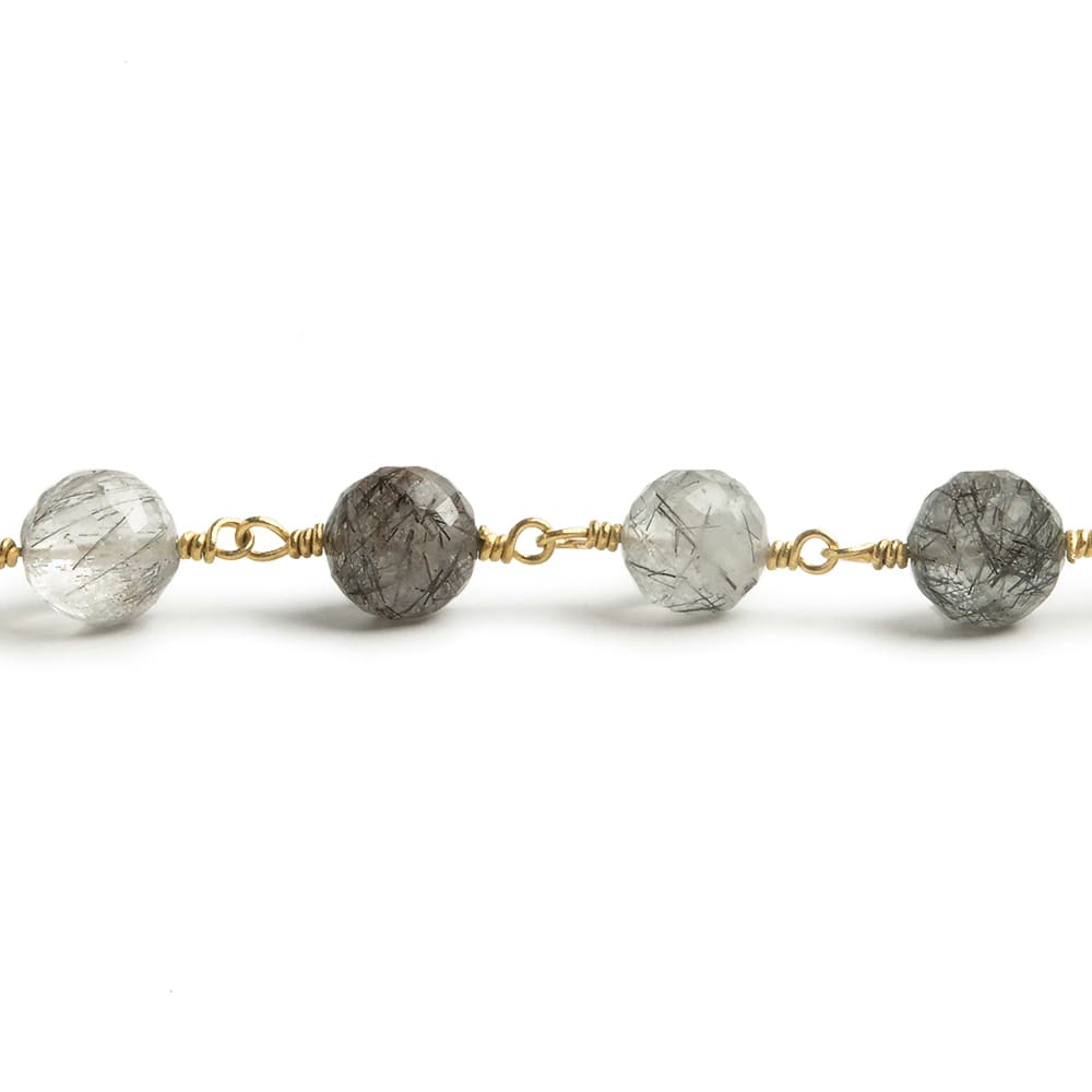 6.5mm Black Tourmalinated Quartz faceted round Vermeil Chain by the foot 24 pieces
