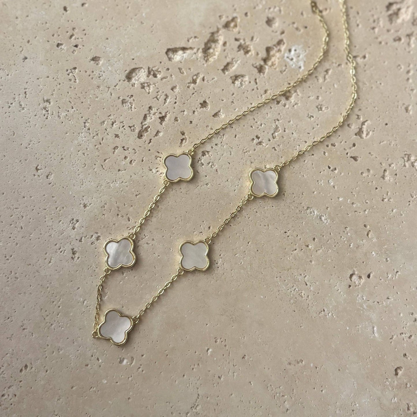 Gold Plated Mother of Pearl Clover Station Necklace