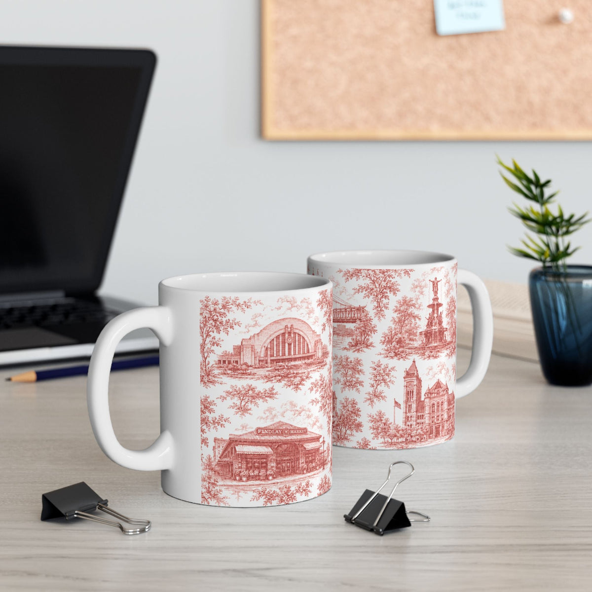 Cincinnati Red Toile de Jouy Ceramic Mug — Coffee Mug 11oz