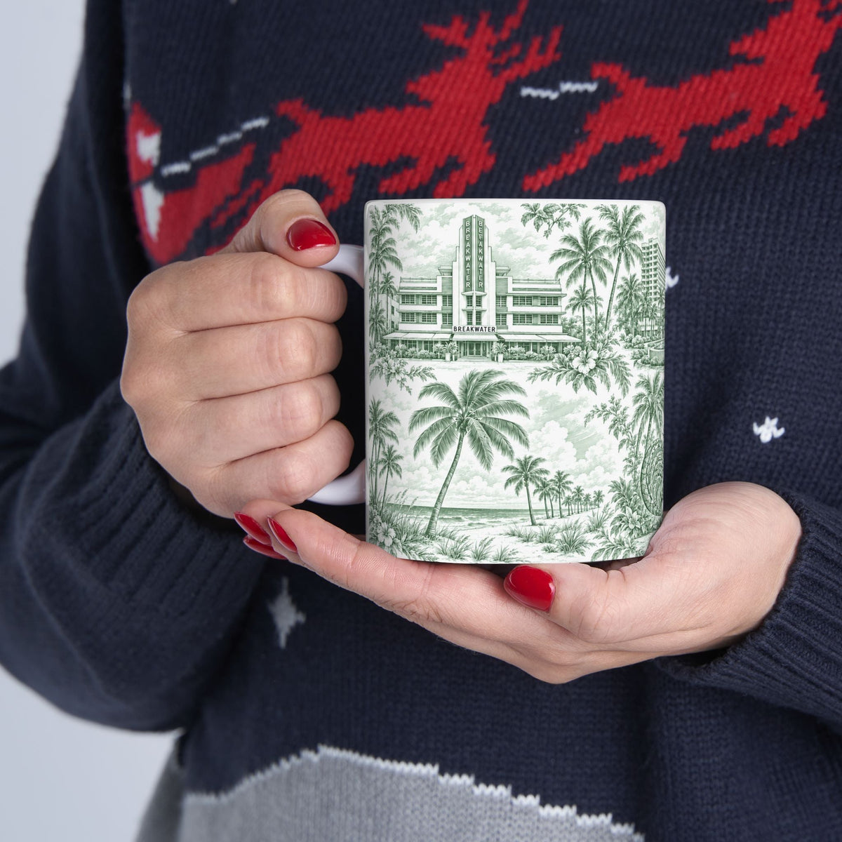 Miami Green Toile de Jouy Ceramic Mug — Vintage Palm Florida Chinoiserie 11oz