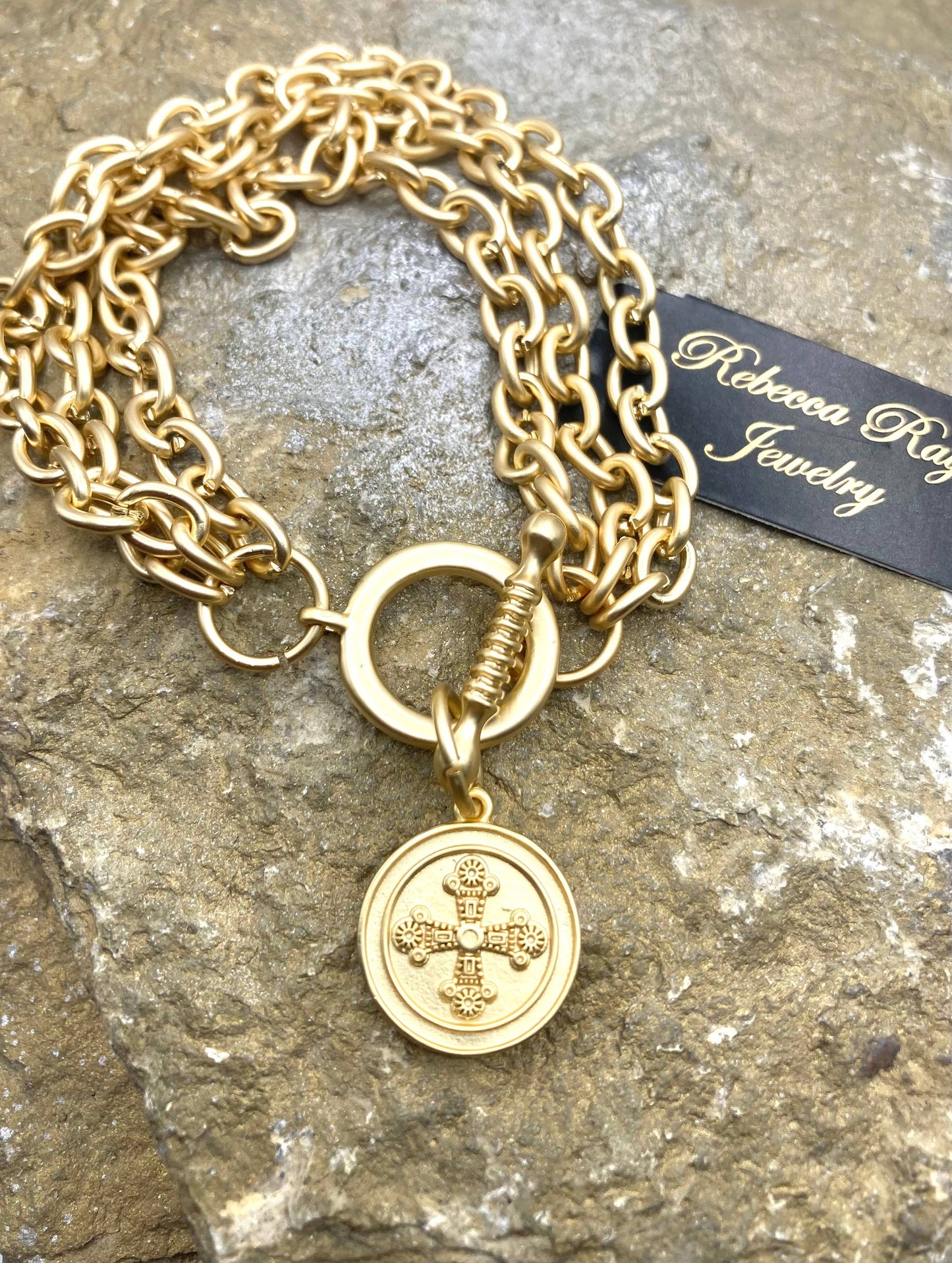 Rebecca Ray Matte Gold Triple Strand Cross Charm Bracelet
