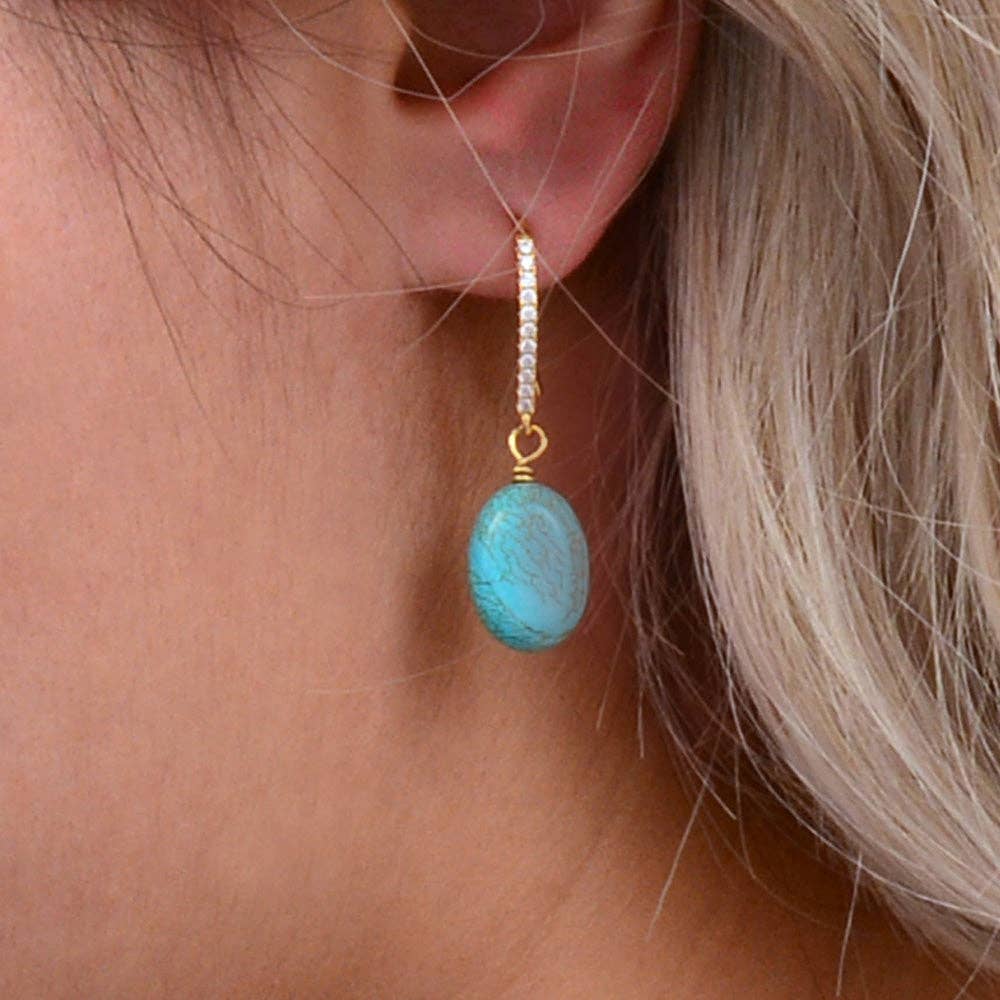 Barse Jewelry Hepburn Sparkling Cubic Zirconia and Blue Turquoise Golden Drop Earrings