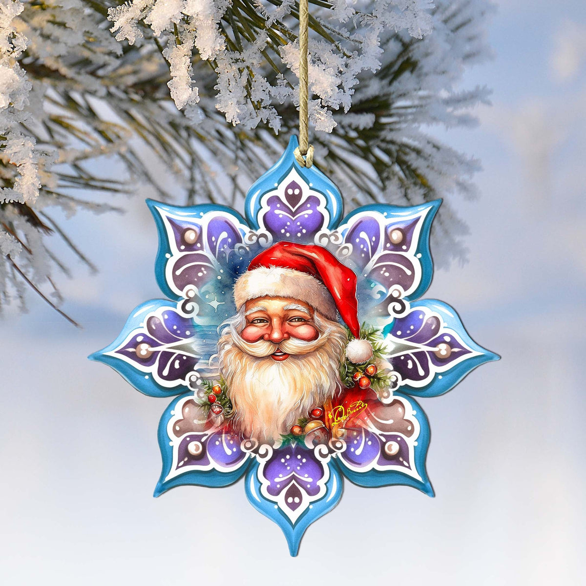 Smiling Santa Snowflake Wooden Ornaments by G. Debrekht - Christmas Santa Snowman Decor - 8688423