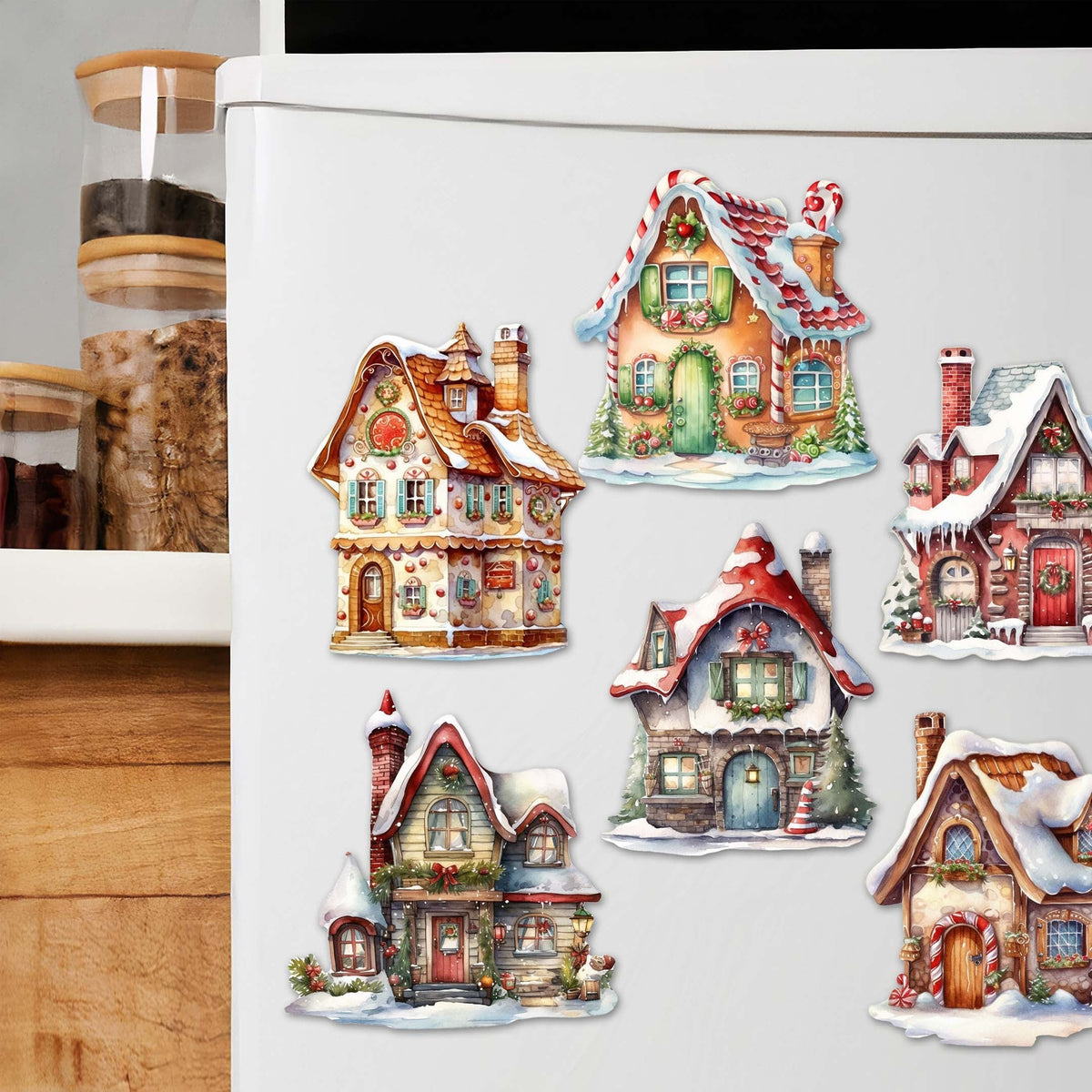 Christmas Houses Decorative Eco Wood Magnets Set of 6 by G. Debrekht - Christmas Decor - 8090024G-S6