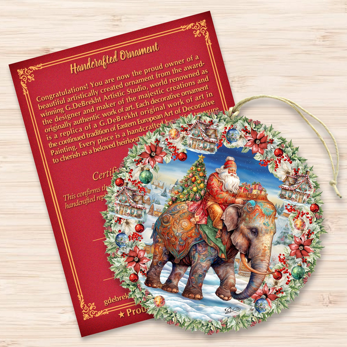 Santa on Elephant Wreath Wooden Ornaments by G. Debrekht Christmas Santa Snowman Decor - 8611043