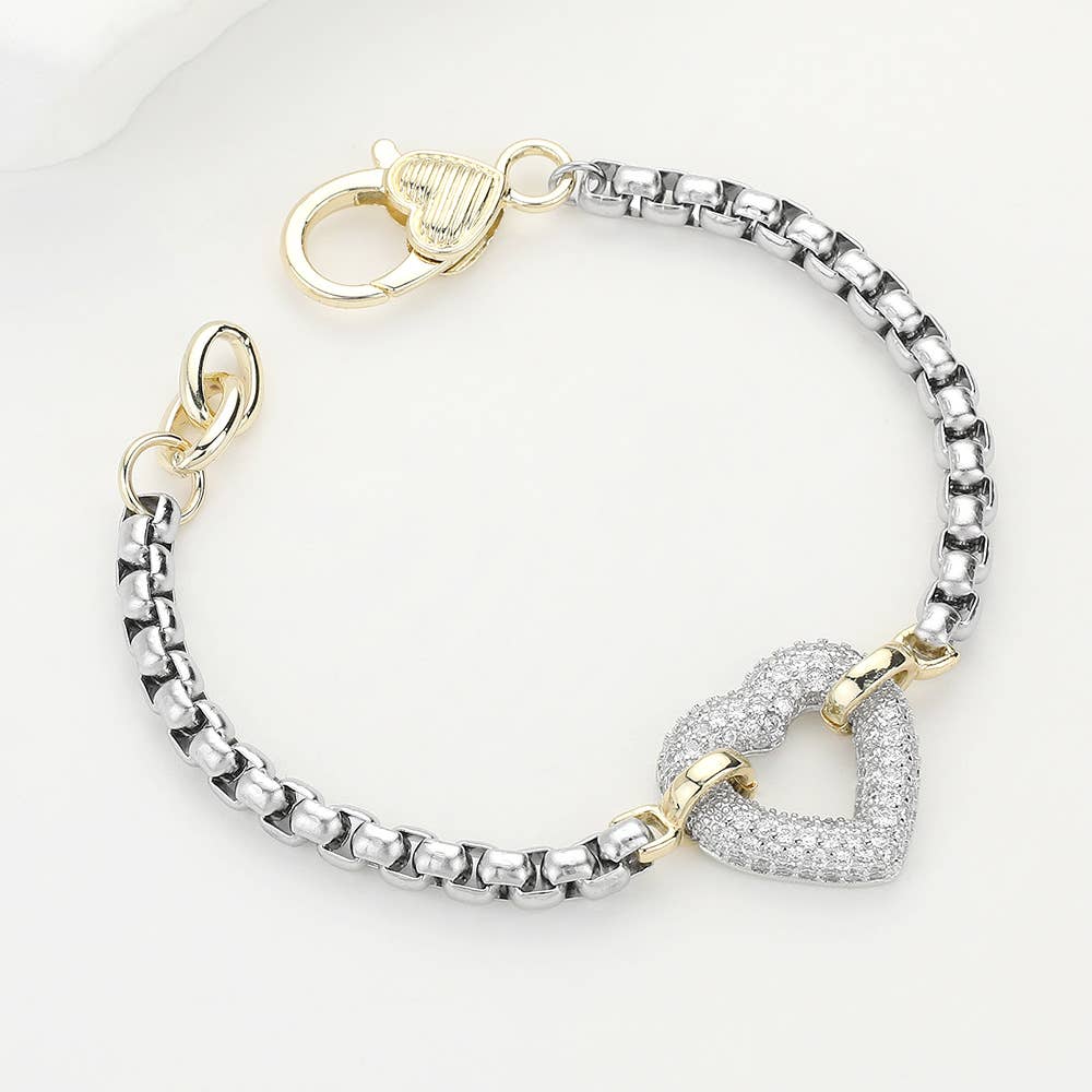 14K Gold Plated Two Tone CZ Paved Open Heart Bracelet