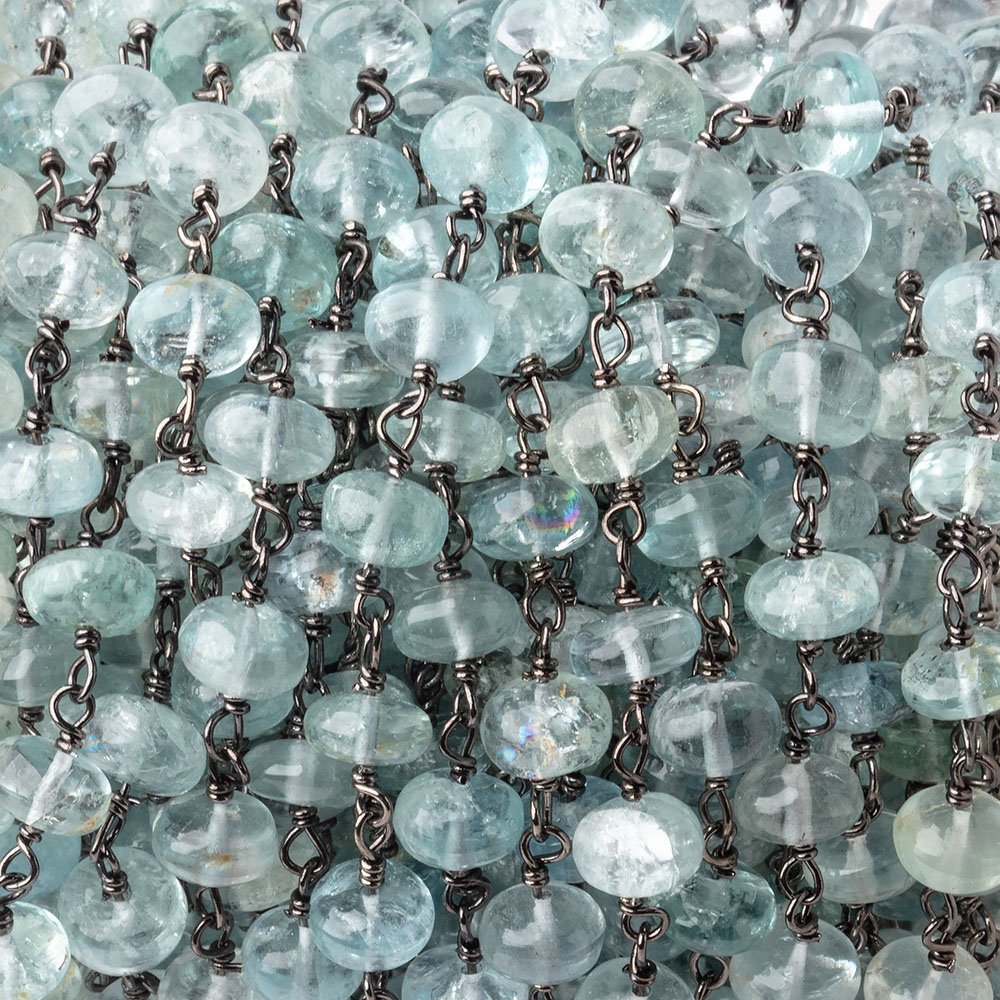 6mm Aquamarine Plain Rondelles on Black Gold over .925 Silver Chain