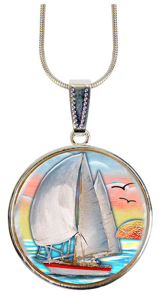 Sailboat Silver Plated Mother of Pearl Jewelry Pendant Necklace Coastal - 44043