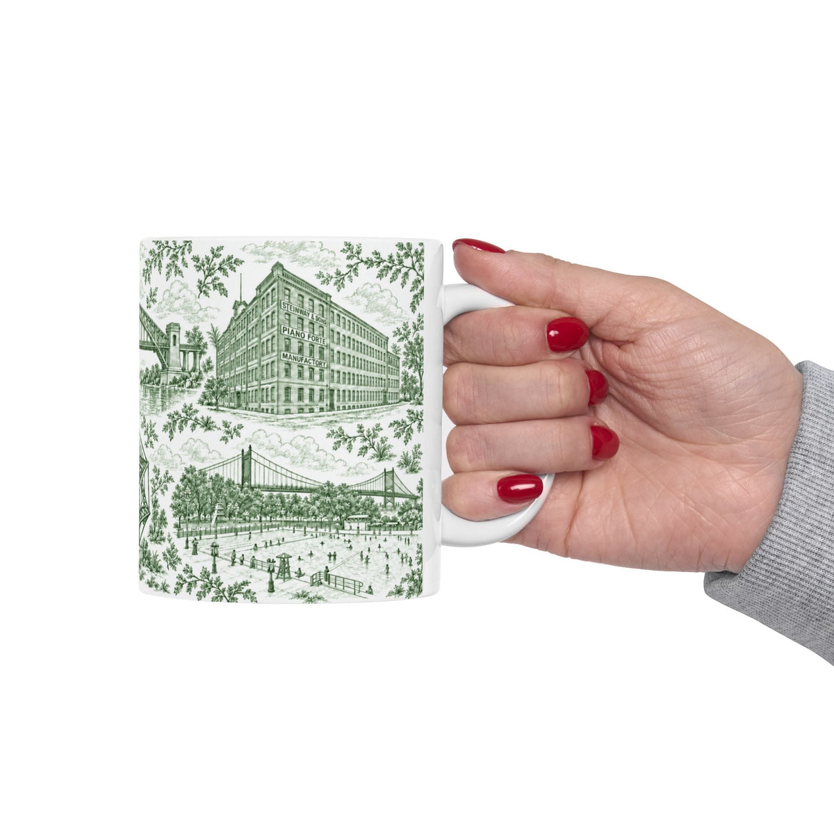 Astoria Green Toile Cityscape Ceramic Mug — 11oz Decorative Coffee Cup