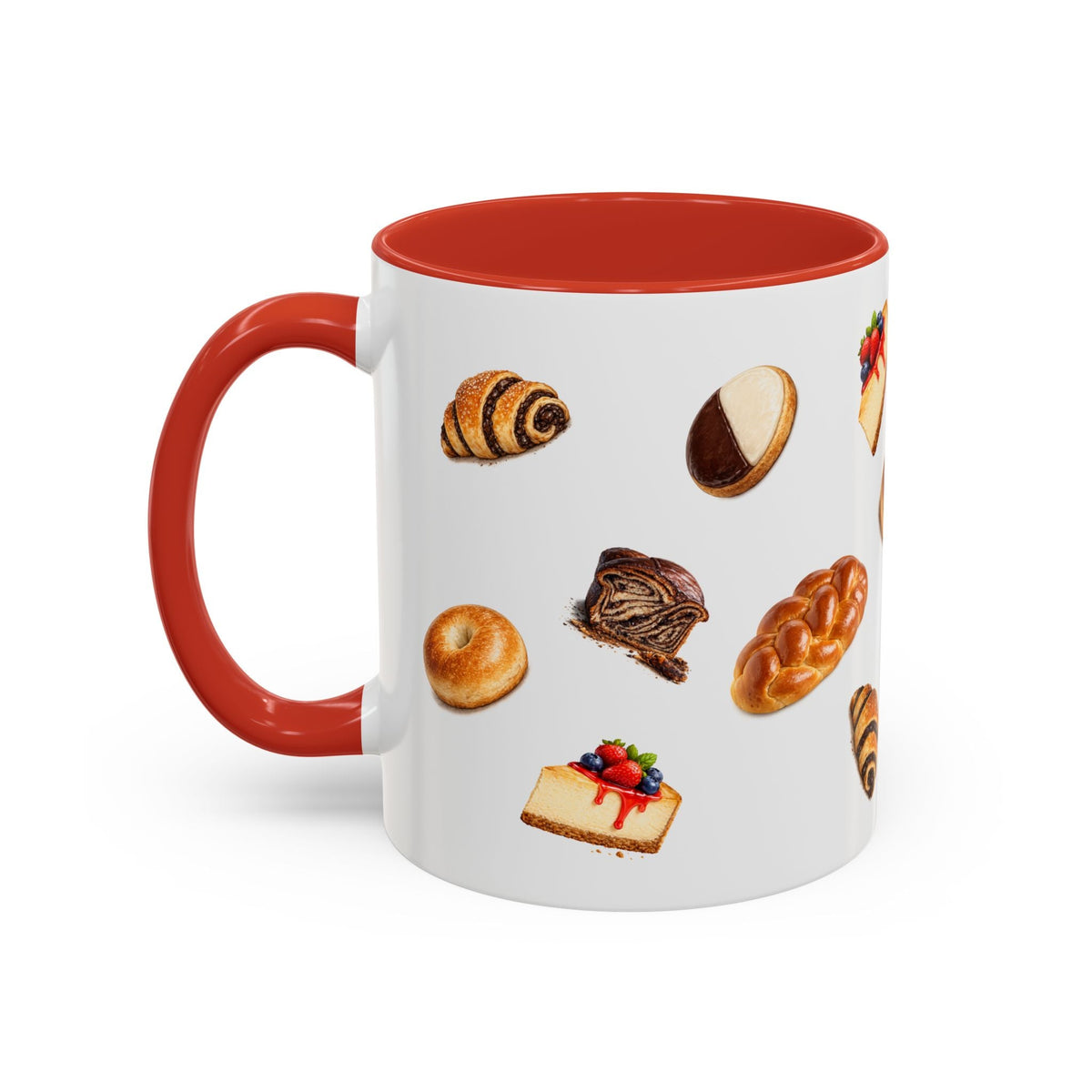 NYC Kosher Bakery Pattern Accent Mug | Babka Cheesecake Rugelach Black + White Cookie Challah Bagel 11oz Ceramic Coffee Cup