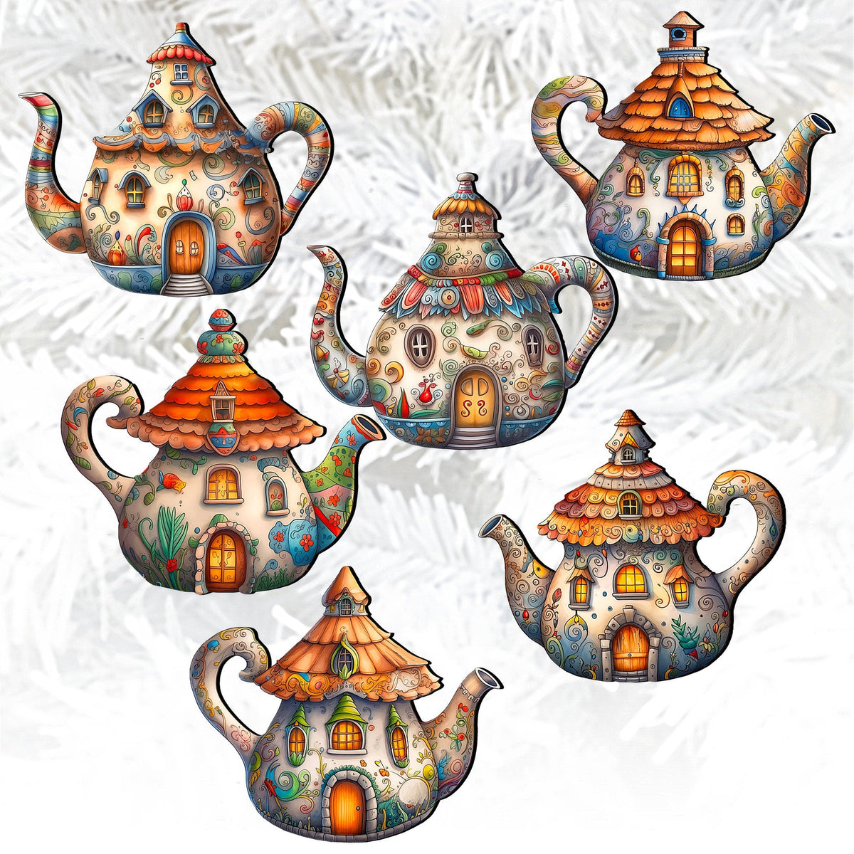 Teapots Clip-On Eco Wood Decorative Ornaments Set of 6 by G. Debrekht - Love Family Decor - 8090072C-S6