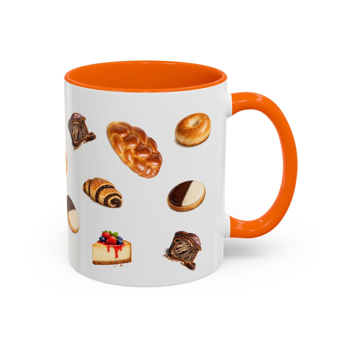 NYC Kosher Bakery Pattern Accent Mug | Babka Cheesecake Rugelach Black + White Cookie Challah Bagel 11oz Ceramic Coffee Cup