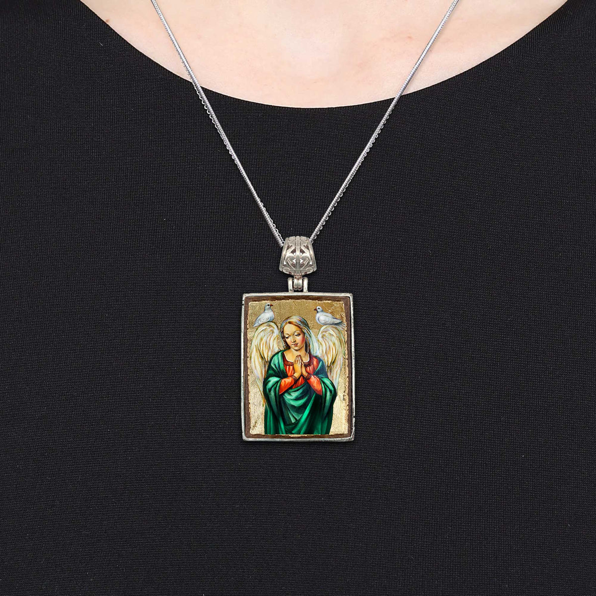 Angel with Dove Religious Jewelry Silver Plated Necklace, Gold-Plated Wooden Cabochon - Christian Sacred Icon - Inspirational Icon Decor - 43026R