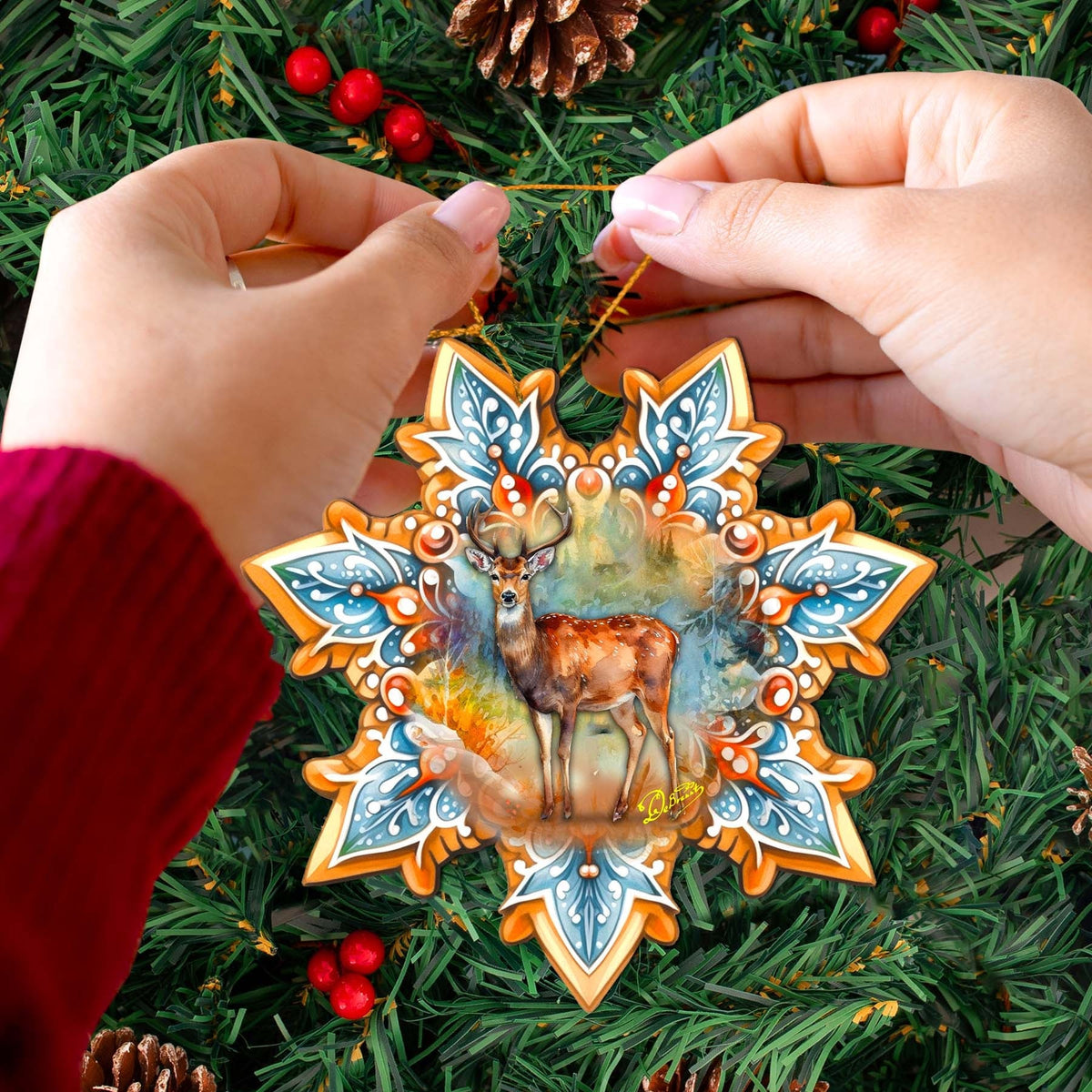 Forest Elk Snowflake Wooden Ornaments by G. Debrekht - Nature Wildlife Decor - 8688413