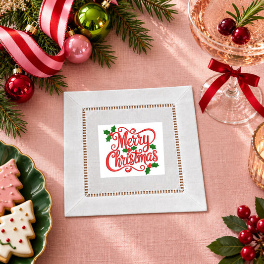 A Southern Luxuries Merry Christmas Cocktail Napkin Qty 4 Hem Stitch (Embroidery)