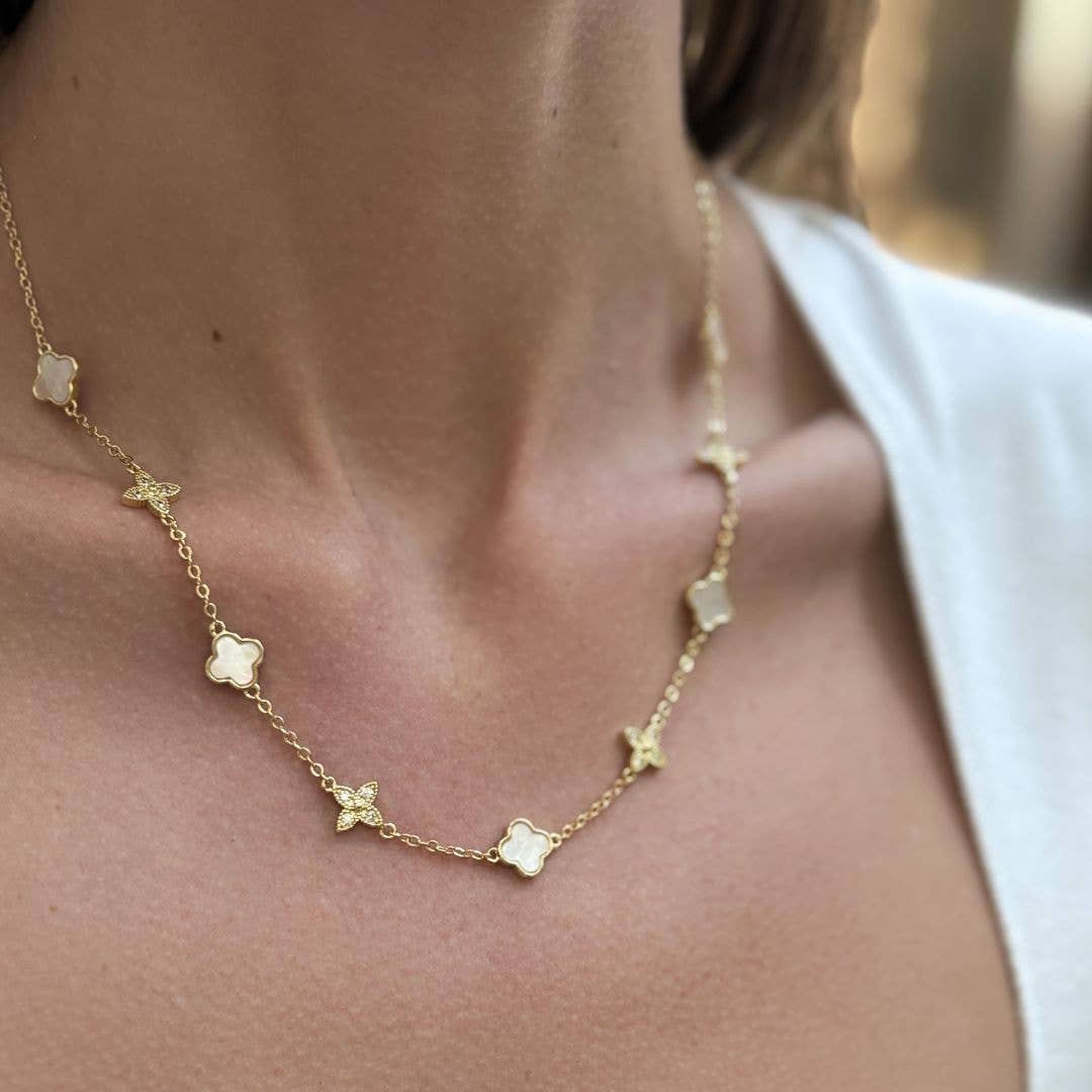 14K Gold Plated Mixed Mother of Pearl and CZ Clover Station Necklace