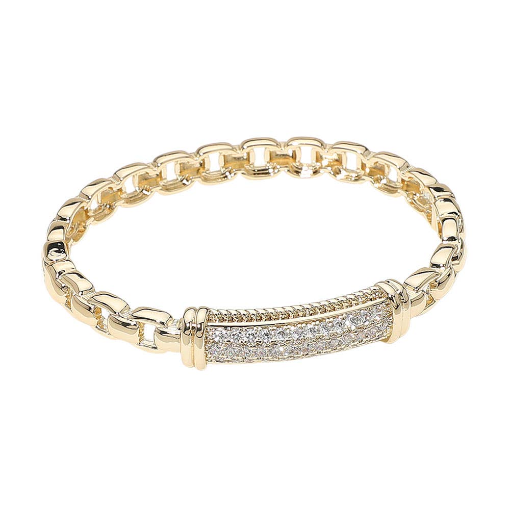 14K Gold Plated CZ Stone Paved Bar Link Hinged Bangle Bracelet