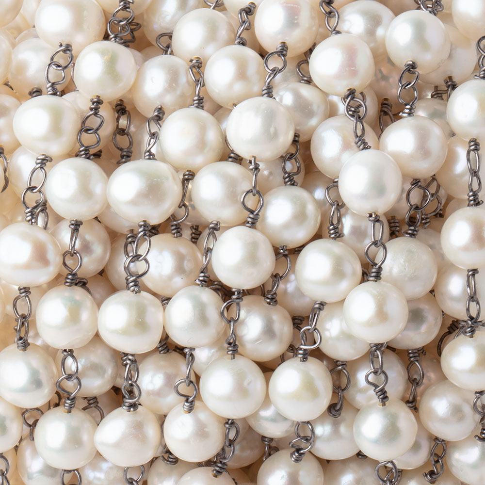 7x6mm Cream Off Round Pearl Black Gold .925 Silver Chain