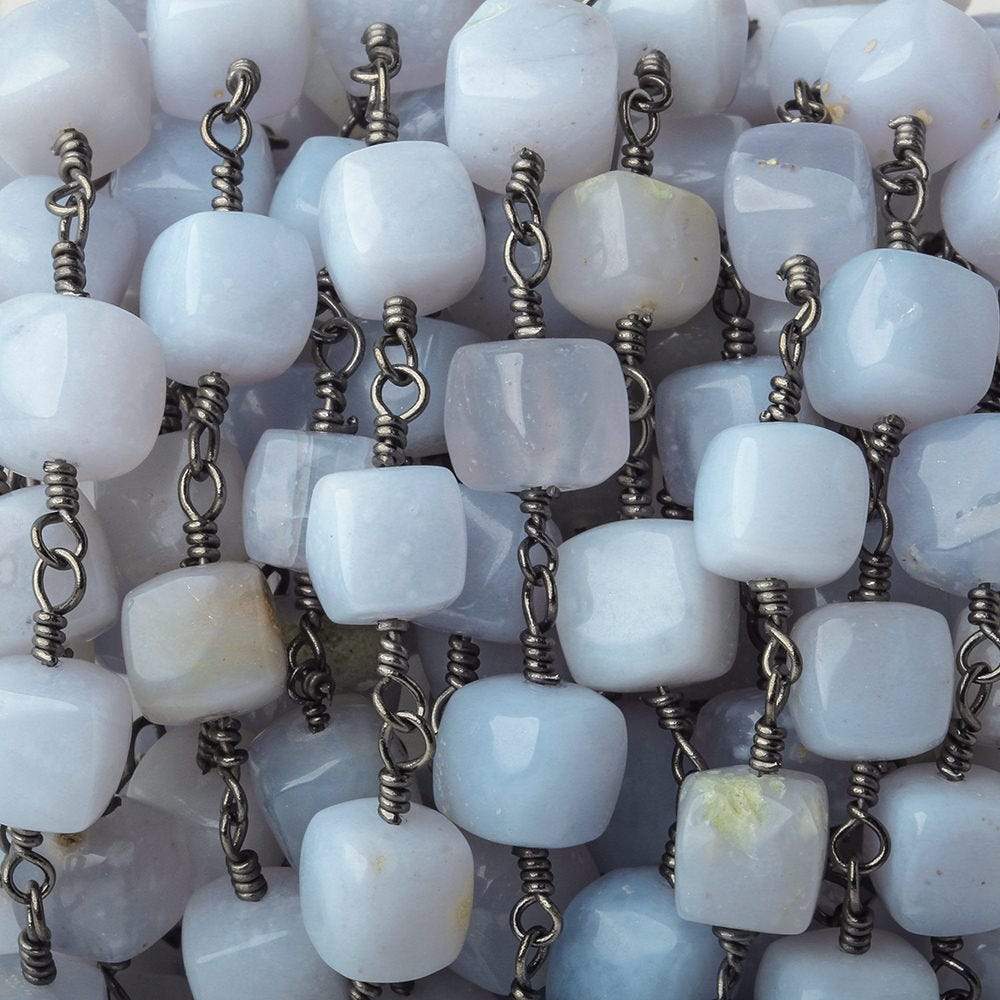 7- 7.5mm Turkish Blue Chalcedony plain cube Black Gold plated Chain by the foot