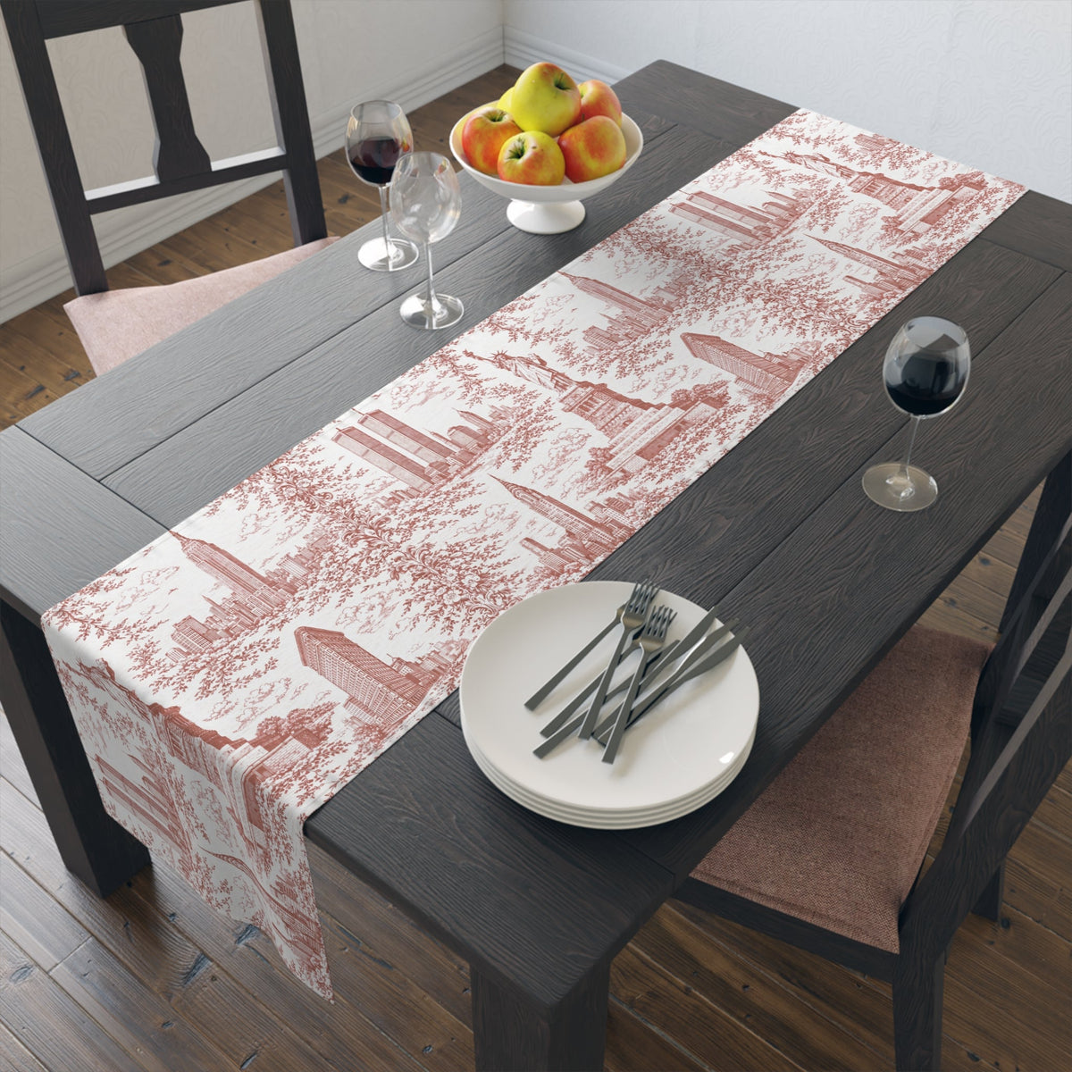 Red Toile de Jouy New York City Cityscape Table Runner — Scenic NYC Chinoiserie Skyline Dining Table Decor