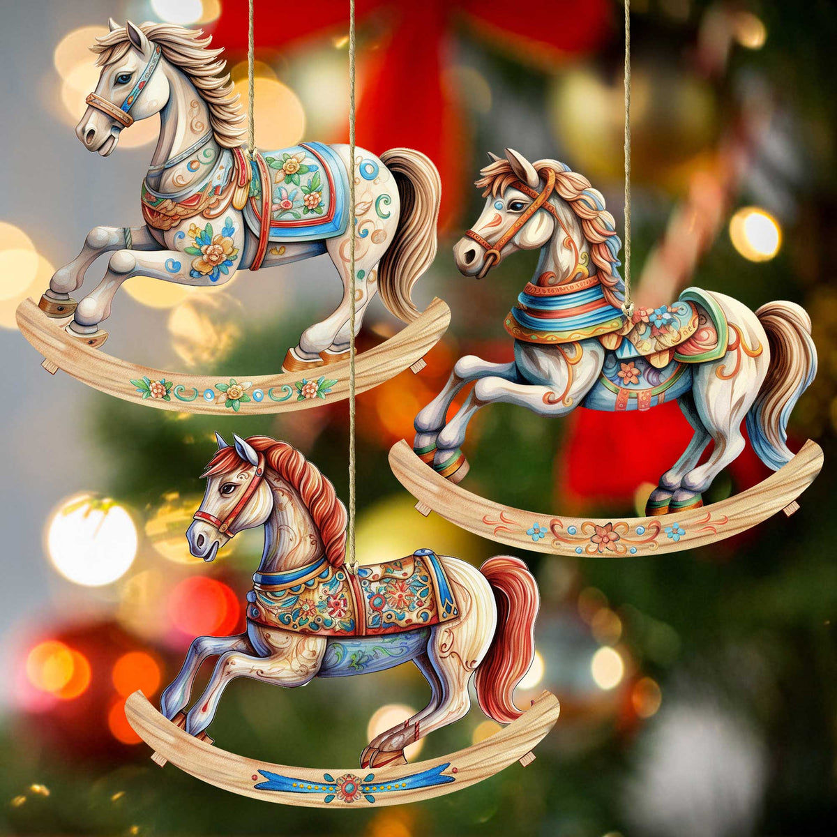 Rocking Horses Wooden Ornaments Set of 3 by G. Debrekht - Christmas Decor - 8100196S3