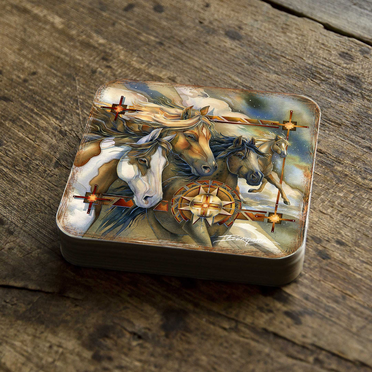 Wild Horses Wooden Cork Coasters Gift Set of 4 by J. Bergsma - Wildlife Décor  - 8199474C-S4