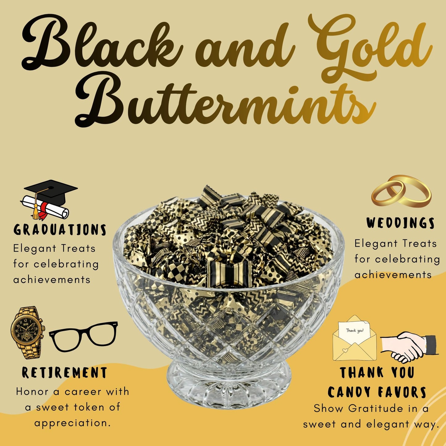 220-Pack Black & Gold Buttermints – Individually Wrapped Wedding Mints, Party Favors Candy for Graduation, New Year’s, Prom, Anniversary & Candy Buffets