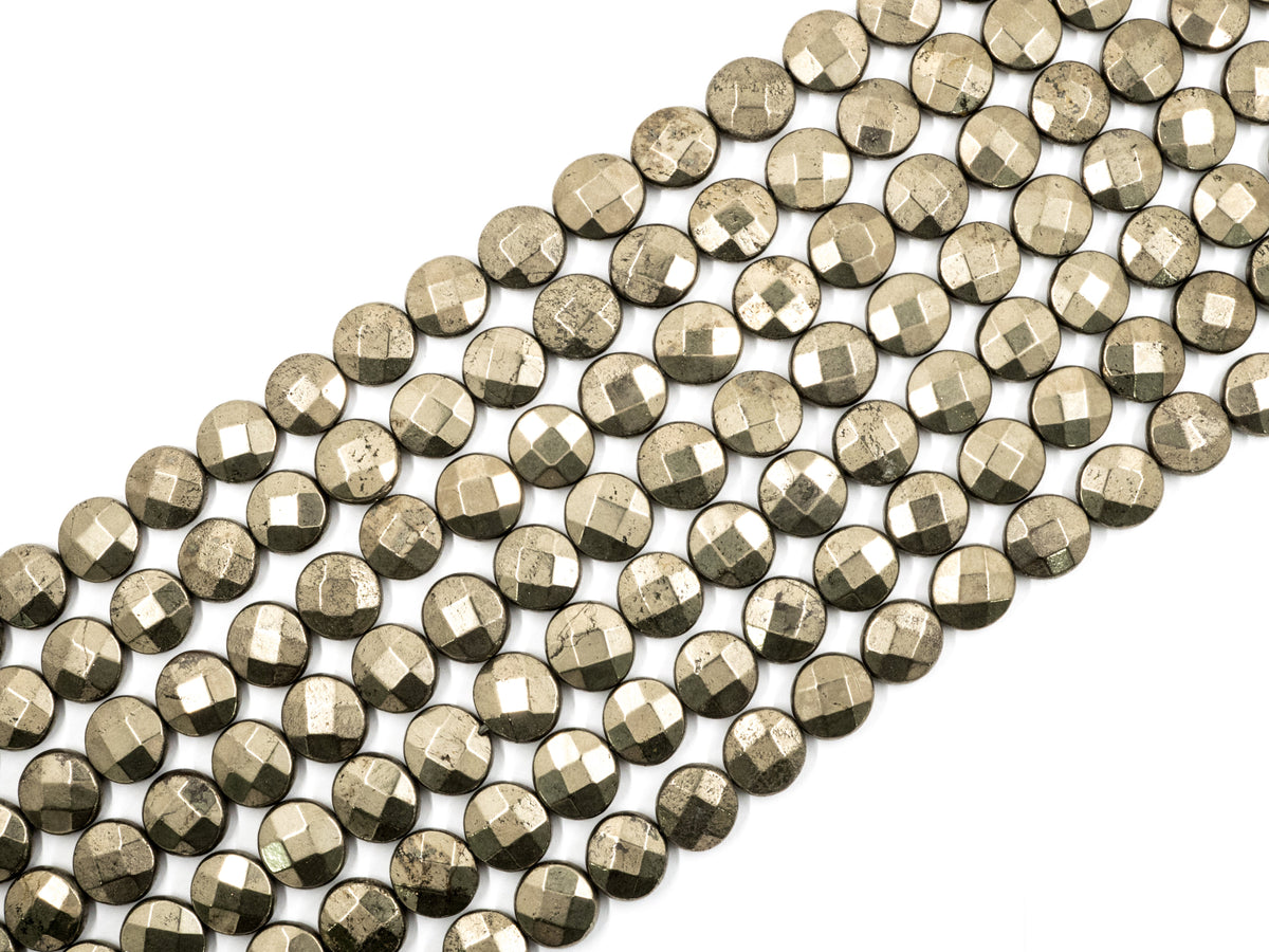 Quality Natural Pyrite Coin Beads, Faceted Flat Coin Pyrite Gemstone Beads, 8mm/10mm/12mm Coin Pyrite, 16" Full Strand, SKU#W12