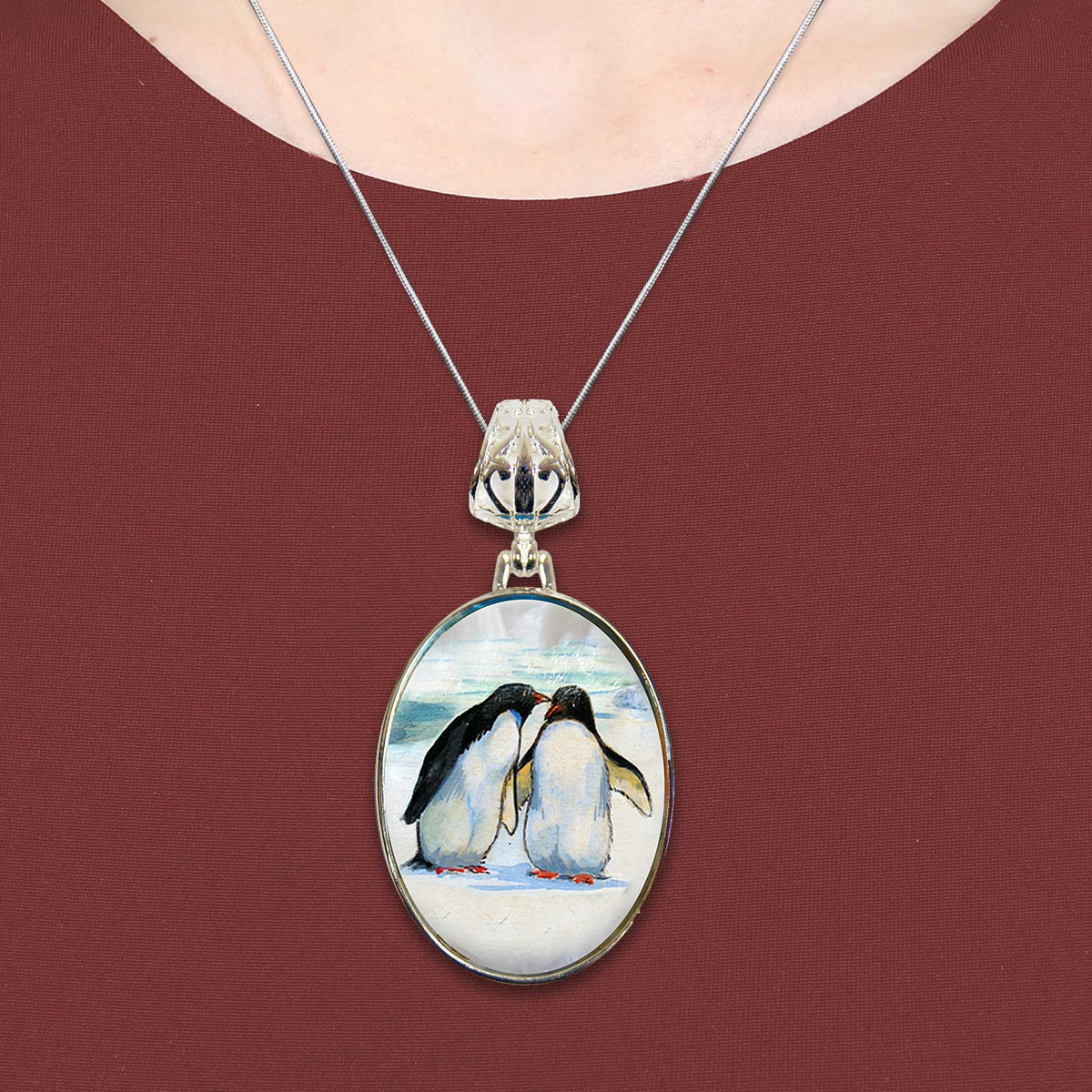 Penguins in Love Silver Plated Mother of Pearl Jewelry Pendant Necklace - 44033