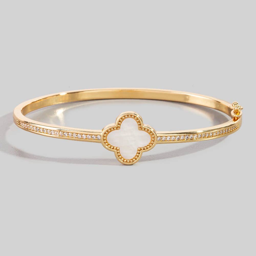 Anarchy Street Gold Dipped Cz Mother Of Pearl Clover Hinge Bangle Bracelet