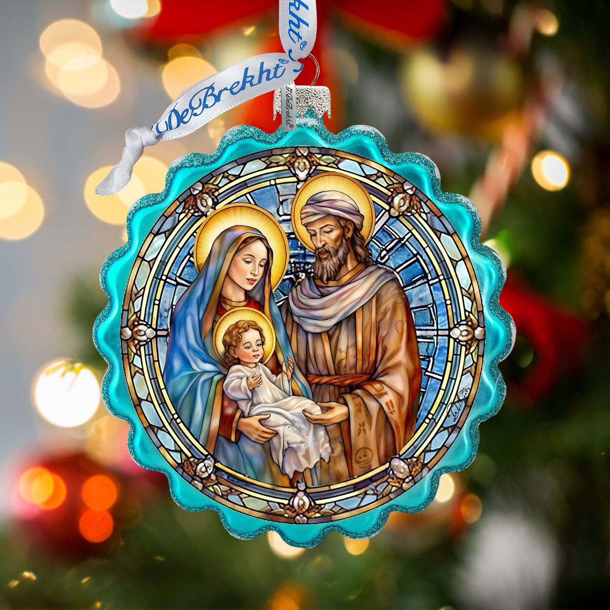Classical Holy Family Wreath Glass Ornament by G. Debrekht - Nativity Holiday Decor - 759-057