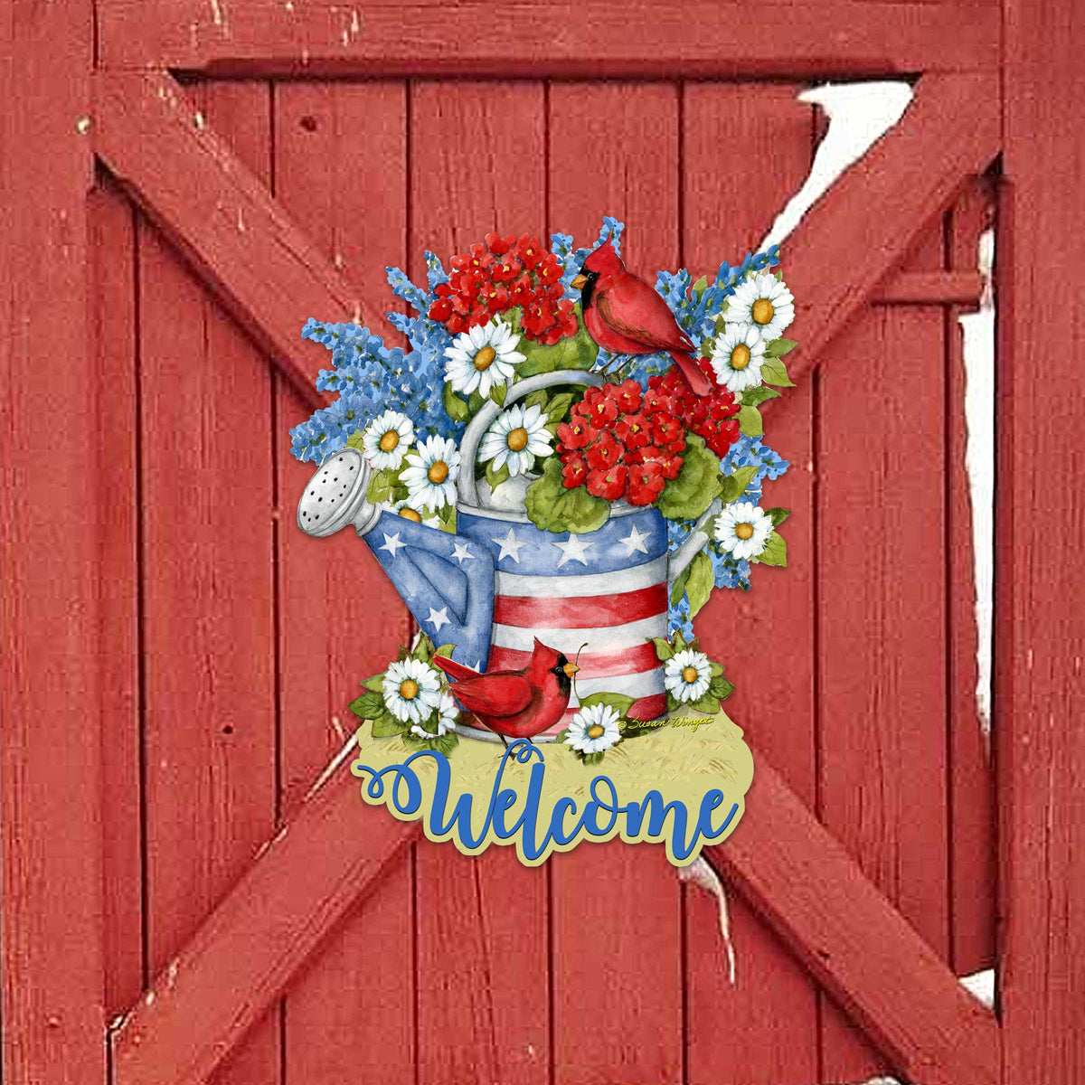 Front Door Patriotic Decoration American Watering Can Flowerpot Welcome Sign - Handmade Gift Rustic Adornment by Susan Winget - Wooden Front Porch Decor - 8471212H-SW