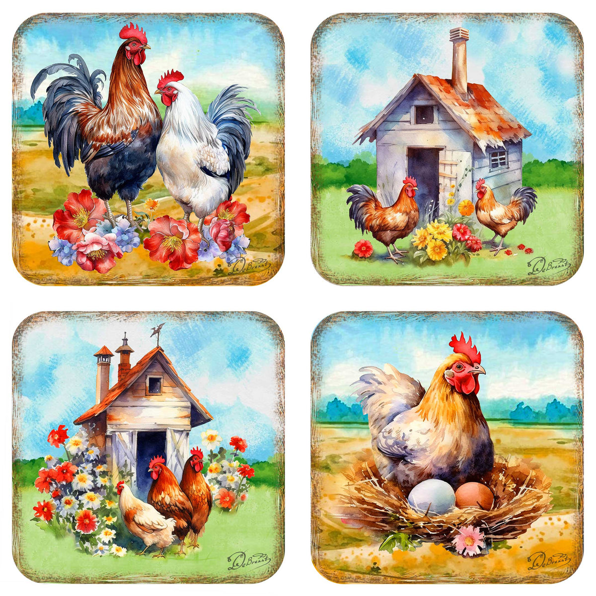 Spring on a Farm Wooden Cork Coasters Gift Set of 4 by G. Debrekht - Easter Spring Decor  - 8199436C-S4