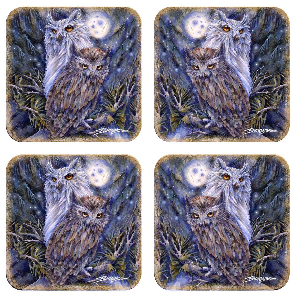 Night Watch Owls Wooden Cork Coasters Gift Set of 4 by J. Bergsma - Wildlife Decor  - 8199465C-S4