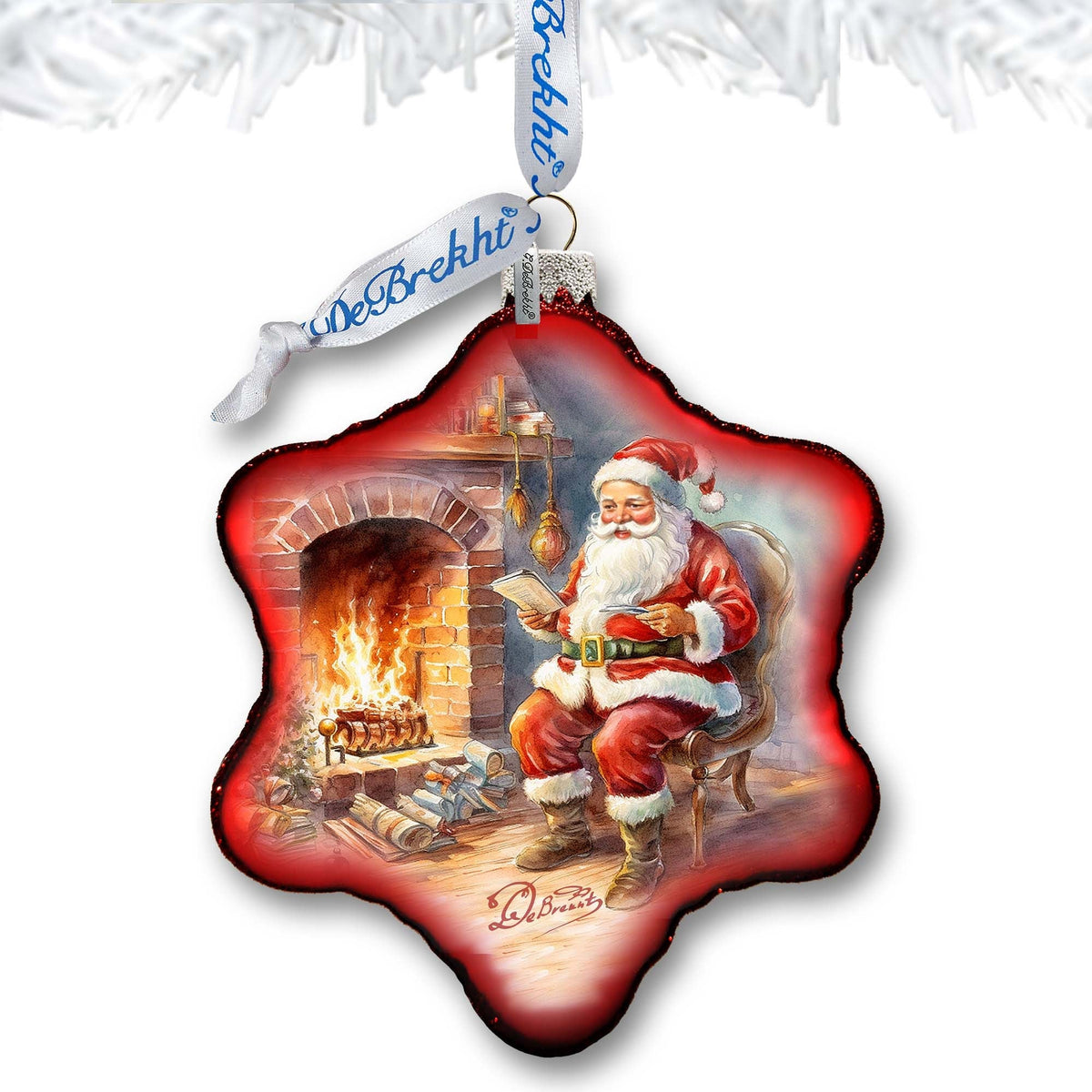 Santa at the Fireplace Snowflake Glass Ornament by G. Debrekht - Christmas Santa Snowman Decor - 754-047