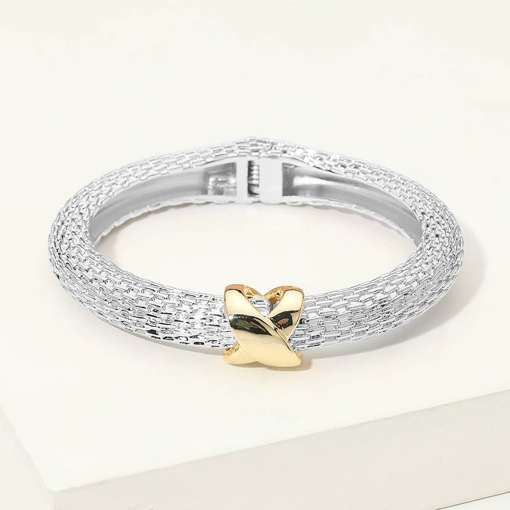 14K Gold Plated Crisscross Accent Textured Hinged Bangle Bracelet