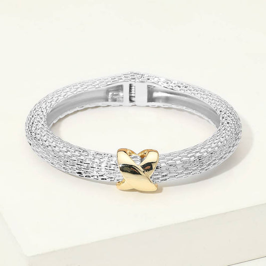 14K Gold Plated Crisscross Accent Textured Hinged Bangle Bracelet