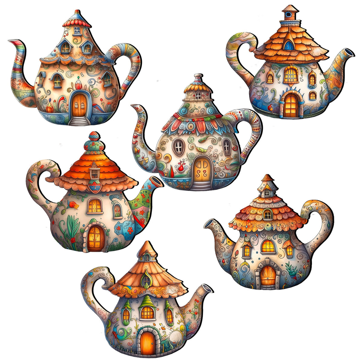 Teapots Clip-On Eco Wood Decorative Ornaments Set of 6 by G. Debrekht - Love Family Decor - 8090072C-S6