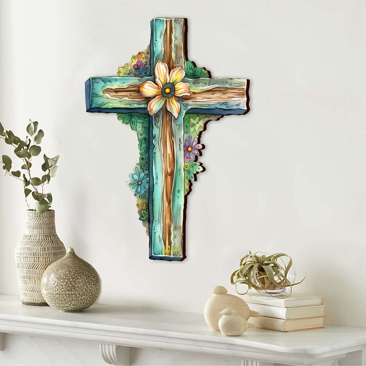 Teal Wooden Cross by G. Debrekht - Easter Spring Decor - 88164