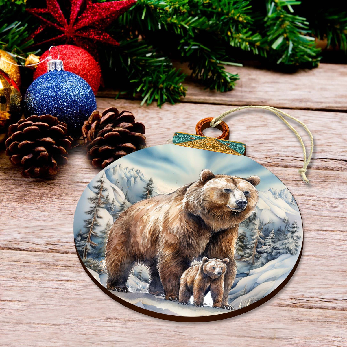Grizzly Bear with Cub Wooden Ornaments by G.Debrekht - Wildlife Holiday Decor - 870070