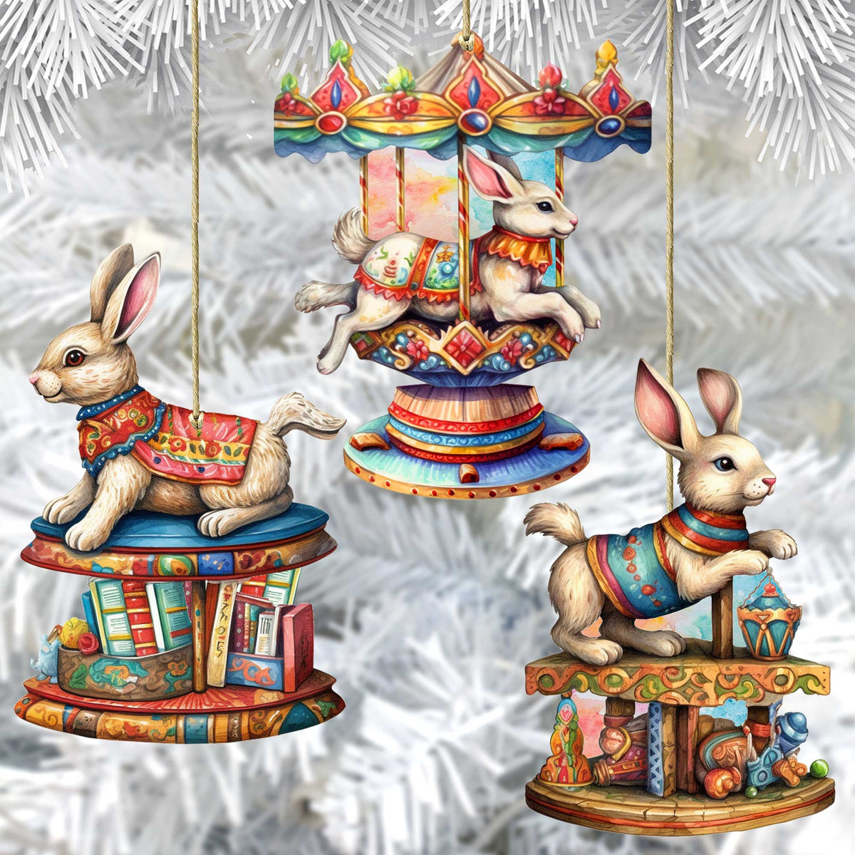 Carousel Bunnies Wooden Ornaments Set of 3 by G. Debrekht - Christmas Decor - 8100195S3